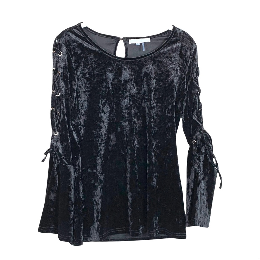 Liquid by Sioni Black Velvet Top with Lace Up Arms Detail Small